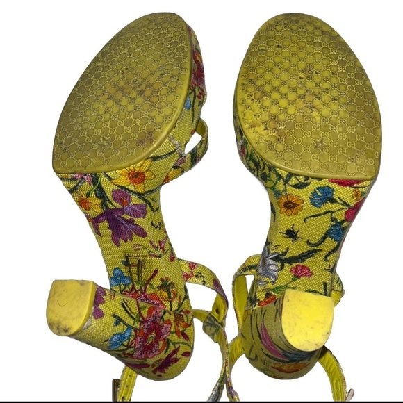 GUCCI Flora Sandals Yellow Floral Canvas EU 38.5 Platform Multicolor Heels Box - Picture 9 of 15